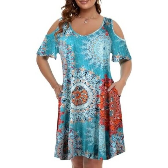 Medallion Print Ultra-Soft Cold Shoulder Swing Dress w/Pockets Size 5X Plus Size - Picture 1 of 8